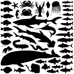 Fish And Sea Animals Collection - Vector Silhouette