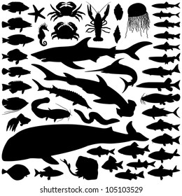 Fish and sea animals collection - vector silhouette