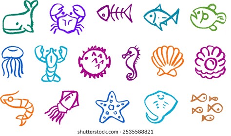 Fish Sea Animals Icon Crayon Chalk Drawing Vector Set