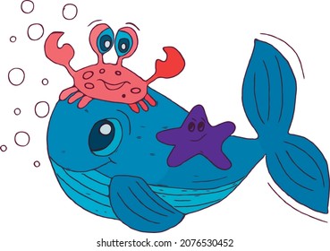 Fish and sea animals. Marine friends. Whale, starfish and crab.  Flat vector illustartion.