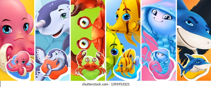 Fish and sea animals. Shark, octopus, jellyfish, crab, narwhal. Cartoon character 3d vector icon set