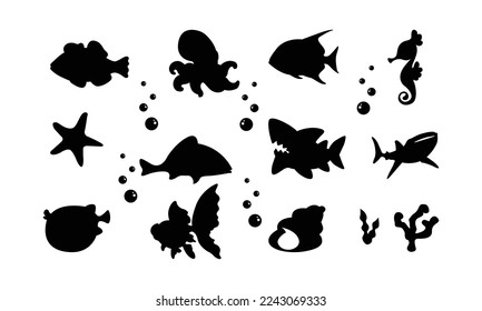 Fish sea animals silhouette vector set bundle, element, template, illustration shadow of starfish, koi, seahorse, octopus, shark editable