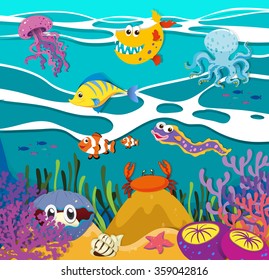 Fish and sea animals under the ocean illustration