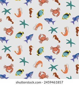 Fish and sea animals.Vector seamless pattern with colorful fish and sea animals on a light background.