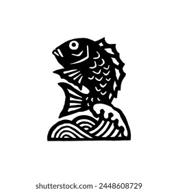 fish, sea bream, wave, Japanese style vector symbol illustration