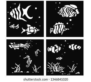 Fish in the sea damask seamless pattern background stencil vector
