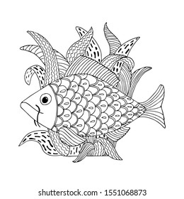 Fish in the sea. Doodle coloring page. Vector illustration.