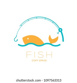 Fish and sea in Fishing rod curve frame, logo icon set design illustration isolated on white background with Fish text and copy space