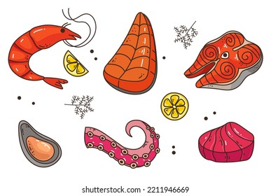 Fish sea food cooking seafood line art style abstract isolated set. Vector graphic design illustration
