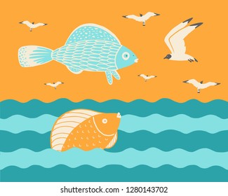 Fish with sea gulls on the sea