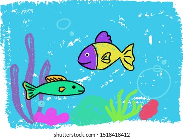 fish in the sea hand drawn crayon illustration blue underwater scene kid's drawing coral doodle 