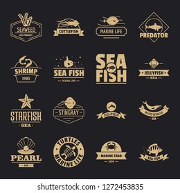 Fish sea logo icons set. Simple illustration of 16 fish sea logo vector icons for web