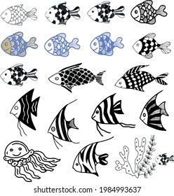 fish sea ocean doodle sketch hand drawn print textile graphics tropics coloring book for kids