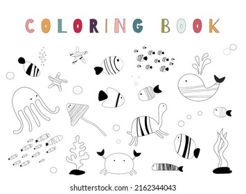 Fish sea ocean life set with octopus and wales for coloring book for children. Notebook for painting with underwater nature and fauna collection