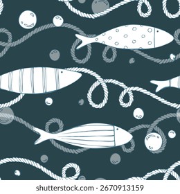 Fish, sea ropes and bubbles on a dark sea background form an orderly rhythm. Hand drawn linear graphic illustration. Seamless pattern for textiles, fabrics, wallpapers, children s prints