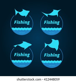 Fish And Sea Round Badges In Bright Blue Color, Ocean Market Sign, sticker Design