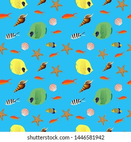 Fish sea shells Seamless pattern
