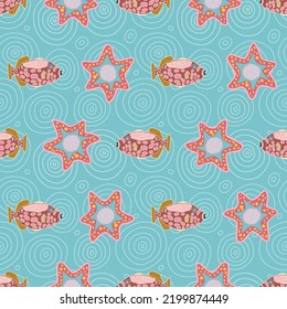 Fish and sea star seamless pattern on aqua colour textured background. For fabric, wrapping paper, packaging, scrapbooking.