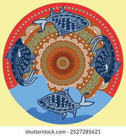 fish, Sea and sun round nature pattern design element vector illustration