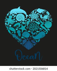 Fish, sea turtles, starfish, dolphins, whales and other ocean inhabitants. Heart-shaped silhouettes