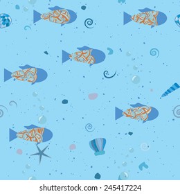 Fish in sea, underwater pattern. Vector seamless ocean texture