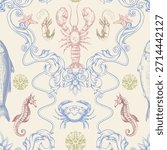Fish sea vector seamless pattern with crabs octopus seahorse shells starfish and shrimp.