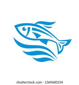 Fish and sea water waves - concept icon sign vector illustration in graphic line style. 