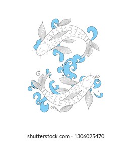 Fish and sea waves, hand drawn, vector