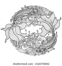 Fish and sea waves. Hand drawn sketch illustration for adult coloring book