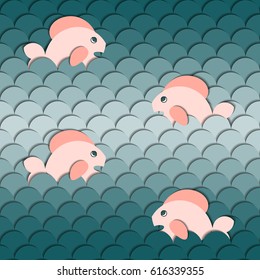 Fish in the sea waves seamless vector background with 3d effect