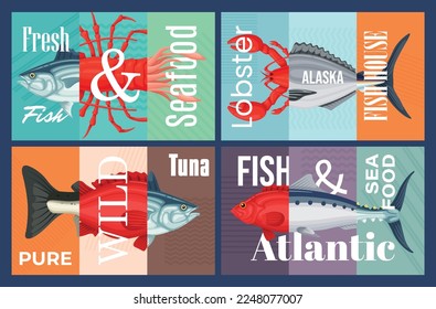 Fish seafood banner restaurant cafe advertising menu set vector flat illustration. Seaside animals connected parts uncooked lobster tuna octopus cuisine culinary recipe fishhouse store shop poster