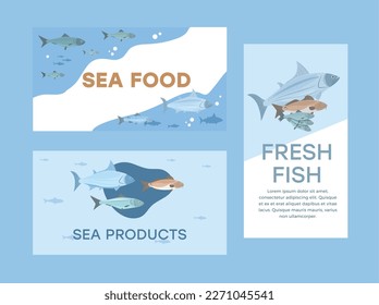Fish and seafood banners or cards collection for menu and signboards, flat vector illustration. Fish market banner or seafood stores leaflets bundle.