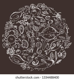 Fish and seafood in the circle. Contour image, drawn by hand for a menu of cafes and restaurants. On a brown, crafted background a white contour.
