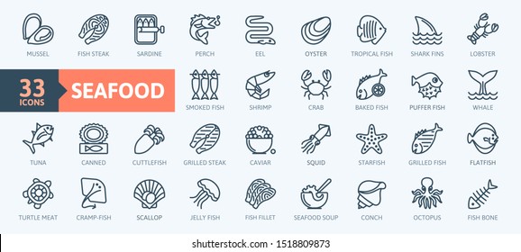 Fish and seafood elements - thin line web icon set. Outline icons collection. Simple vector illustration.