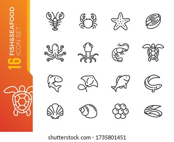 Fish and seafood elements - thin line web icon set. Outline icons collection. Simple vector illustration.