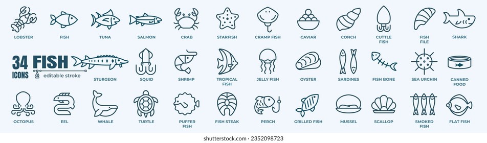 Elementos de pescados y mariscos - juego de iconos de línea delgada. Colección de iconos de esquema. Ilustración vectorial simple.