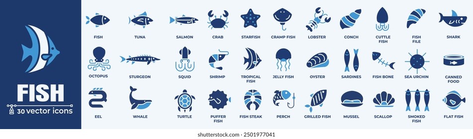 Fish and seafood elements - thin line web icon set. Outline icons collection. Simple vector illustration.