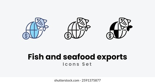 Fish and seafood exports Icons set thin line and glyph vector icon illustration