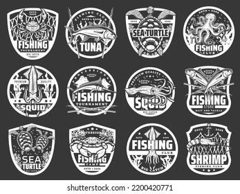 Fish, seafood and fisherman tackle isolated icons of vector fishing sport club and tournament design. Sea tuna, marlin and ocean crab, fishing boat, rod and net, squid, octopus, shrimp and sea turtle