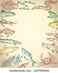 Marco de pescado y marisco sobre un papel, ilustración gráfica a mano con espacio vacío para el texto, adecuado para el menú
