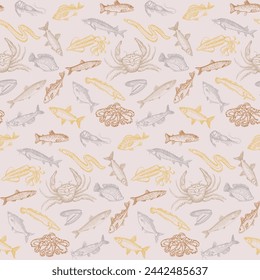 Fish and seafood graphic vector pattern, hand drawn sketch style pattern suitable for textile or web backdrop