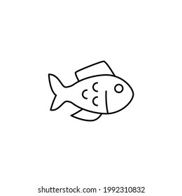 peces, icono del marisco en línea negra plana, aislado en fondo blanco 