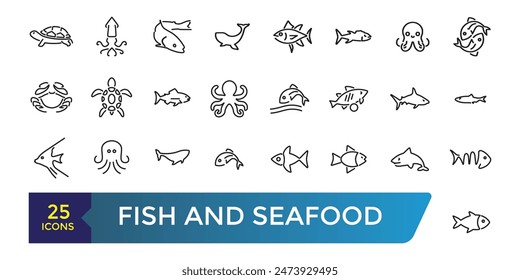 Fish and seafood icon set. Collection and pack of linear web and ui icons. Editable stroke. Vector illustration