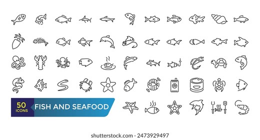 Conjunto de iconos de pescado y marisco. Colección y paquete de iconos de Web lineal y ui. Trazo editable. Ilustración vectorial