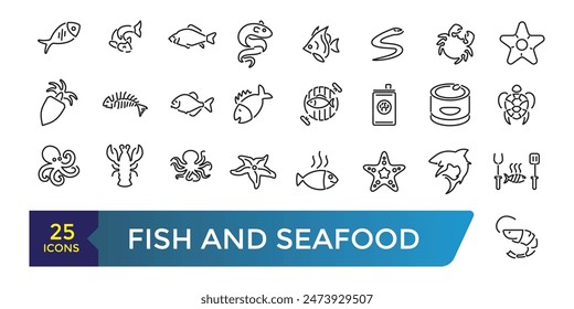Fish and seafood icon set. Collection and pack of linear web and ui icons. Editable stroke. Vector illustration