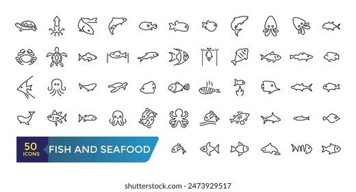 Fish and seafood icon set. Collection and pack of linear web and ui icons. Editable stroke. Vector illustration