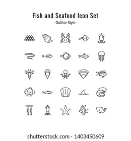 fish and seafood icon set. fish and seafood icons vector. outline icon design