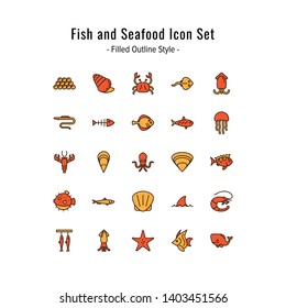 fish and seafood icon set. fish and seafood icons vector. filled outline icon design