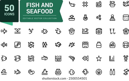 Fish And Seafood icon set. Minimalist thin linear web ui icon set. Simple editable vector stroke illustration.