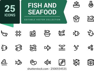 Conjunto de iconos de pescado y marisco. Conjunto de iconos de ui de Web lineal delgado minimalista. Ilustración de trazo de Vector editable simple.